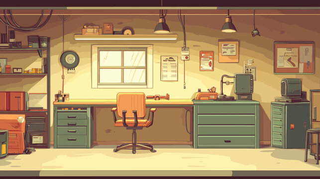 Cozy, cluttered workshop with vintage tools and warm lighting