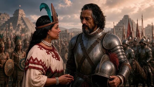 Historical scene of Hern&aacute;n Cort&eacute;s and La Malinche together depicting Spanish conquest of Mexico alliance between conquistador and indigenous interpreter translator woman