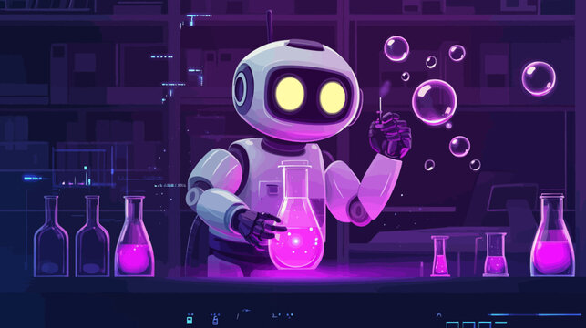 Cute robot scientist mixing glowing purple liquid in futuristic lab