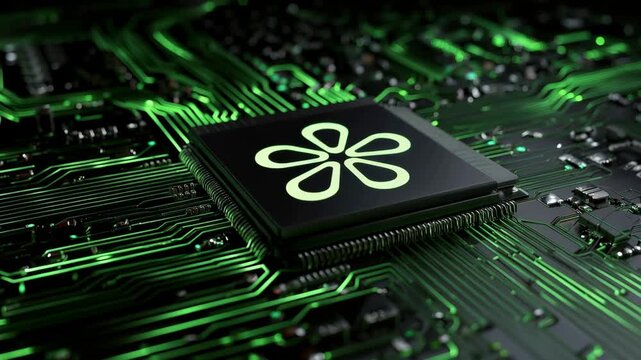 Close views of circuit boards and microchips show glowing patterns. Each frame highlights different angles and details of the technology environment.