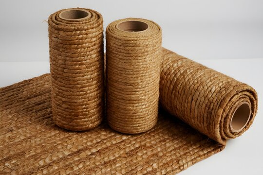 Three rolls of natural coir fiber ropes on floor