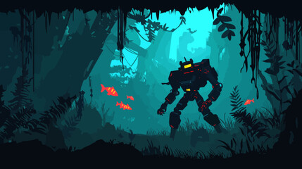 Fototapeta premium Futuristic robot exploring lush vibrant jungle with fish and trees