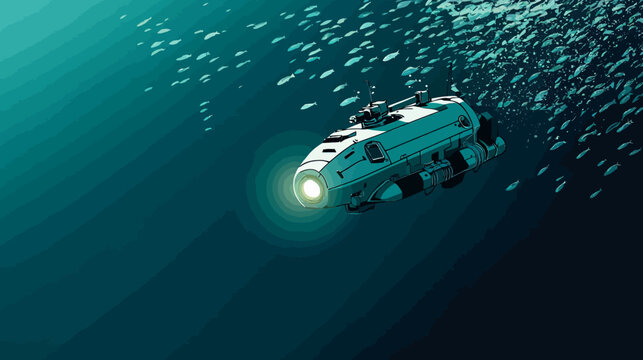 Submarine exploring deep ocean with school of fish around it
