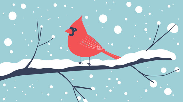 Red cardinal bird perched on snow-covered tree branch in snow