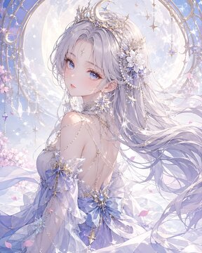 An ethereal anime goddess with silver hair stands before a glowing crescent moon.