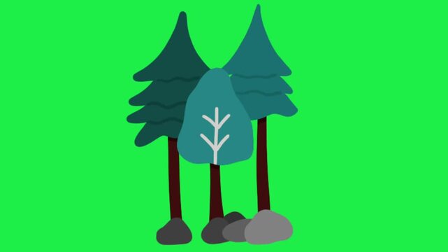 Animated forest trees and rocks on green screen background for nature camping outdoor video template
