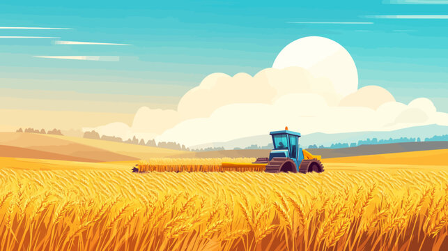 Harvesting wheat with tractor in a vast golden field under a sunny sky