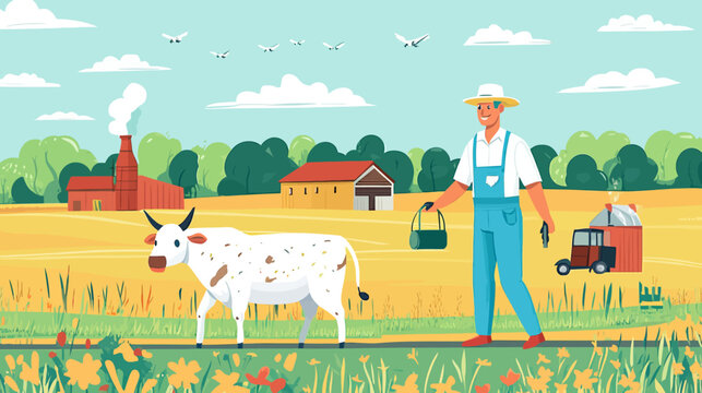 Farmer with a cow in sunny green farm landscape with buildings