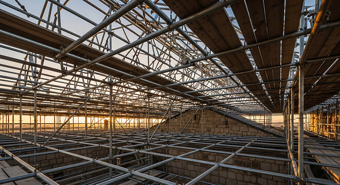 Industrial scaffolding roof structure with metal pipes and wooden planks covering a construction site at dusk highlighting site safety and building restoration