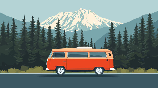 Illustration of a retro orange camper van on road with forest and snow-capped mountain in background