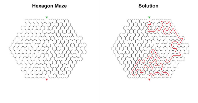 Hexagon Maze Puzzle with Solution - Honeycomb Labyrinth Activity Sheet