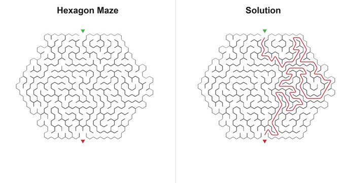 Hexagon Maze Puzzle with Solution - Honeycomb Labyrinth Activity Sheet