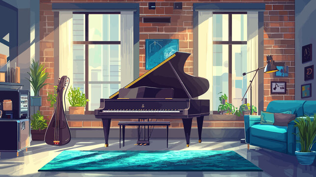 Cozy music studio with grand piano, plants, and sunlight streaming