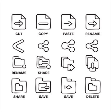 Minimalist document action icon set featuring cut copy paste rename share save and delete symbols.