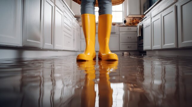 Feet in bright yellow boots standing in a flooded room, highlighting a common domestic plumbing issue. Concept of finding a handyman, DIY repair, or professional cleaning.