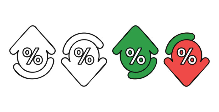 Line style percent icons with arrow shapes representing financial fluctuations and interest rates