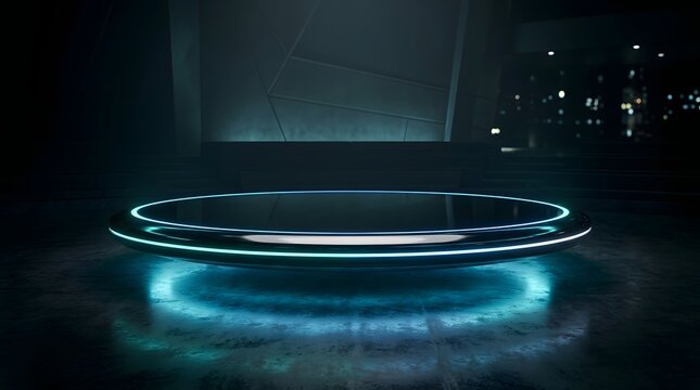 Futuristic podium with blue neon ring light dark sci-fi background sci fi science fiction futuristic platform circular