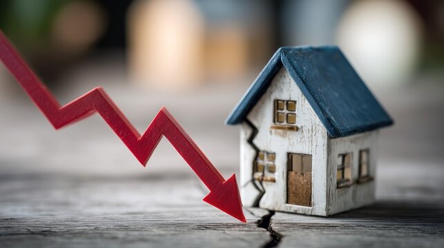 A small model house with a deep crack next to a declining red arrow on a wooden floor. Concept of housing bubble burst, financial crisis, and property value loss.