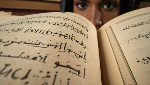 Ancient Arabic Script Visible on Worn Codex Page with Person Studying