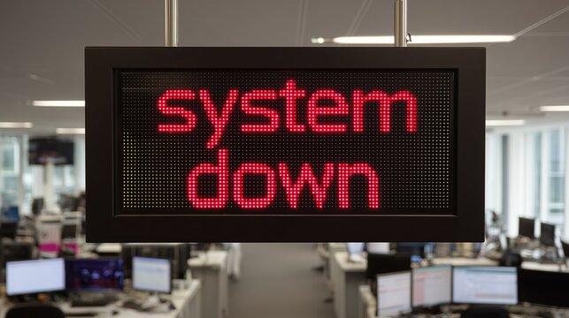Close-up of an electronic display with a system down error message in a technical center. Concept of infrastructure breakdown and hardware maintenance.
