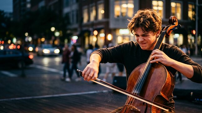 Passionate teenage cellist performing emotional classical music on city street at night with motion blur