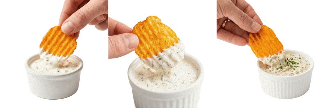 Set and collection of single potato chip dipping into white cream sauce isolated on white background