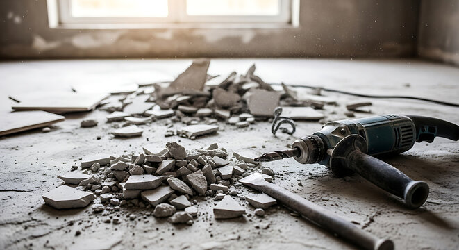 Asbestos floor tile removal and remediation during home renovation showing broken hazardous debris and power tools for abatement material testing and safety