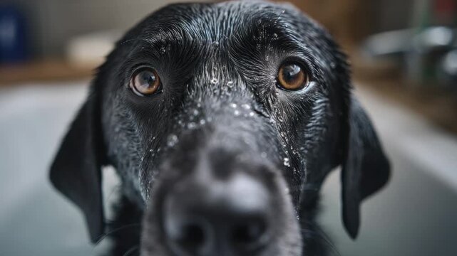 Close-up of a wet black Labrador Retriever dog with brown eyes looking at the camera indoors