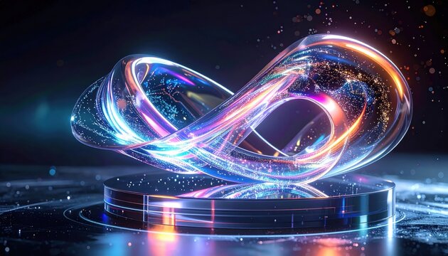 A vibrant and luminous abstract energy stream flowing and coiling with iridescent light on a dark futuristic platform