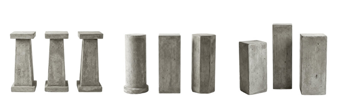 Set and collection of three empty gray concrete pillars columns isolated on white background