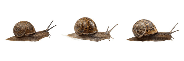 Set and collection of single brown garden snail moving isolated on white background © trophyman