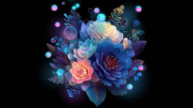Brightly colored flowers with lights appear in four different frames showcasing creative design steps and visual details.