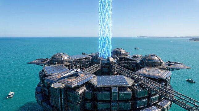 Massive offshore futuristic space elevator facility generating energy beam reaching into blue sky above ocean
