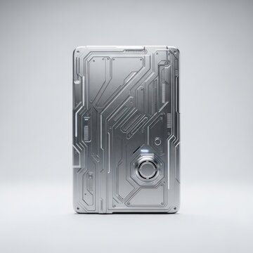 Metallic device with intricate futuristic panel