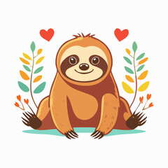 Fototapeta premium Cute Sloth Illustration with Hearts and Leaves