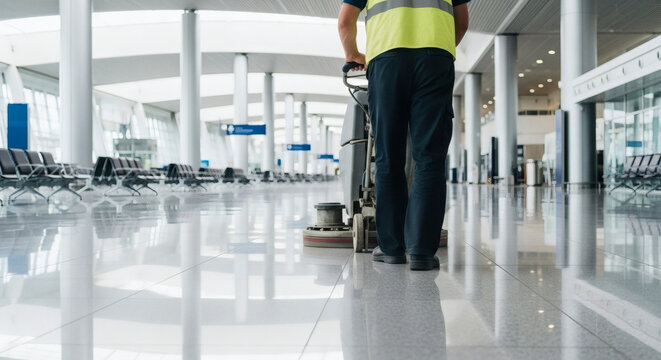 Professional cleaner using floor scrubber machine in empty terminal