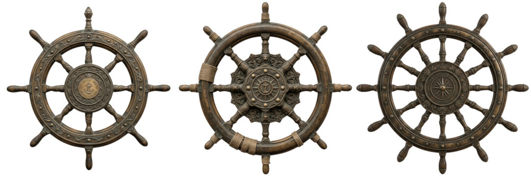 Set and collection of vintage wooden ship wheel isolated on white background