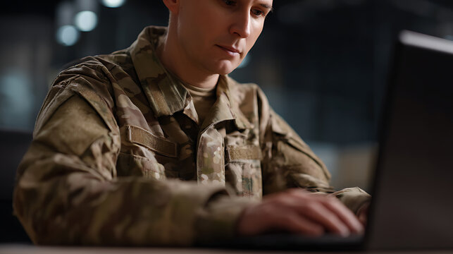 Focused person in camouflage uniform diligently work on laptop, showcasing technology use in operational or administrative capacity, serious expression