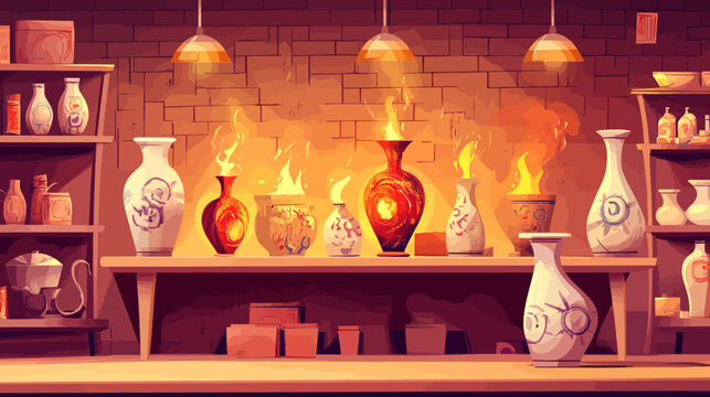 Artistic depiction of a fireplace with illuminated vases and shelves