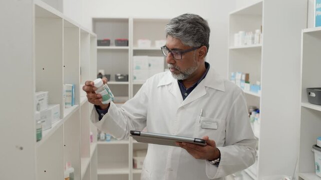 Front view shot of senior Indian man as pharmacist walking towards camera and holding tablet while doing stock inventory in pharmacy storage room, copy space