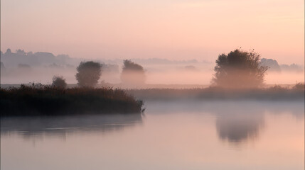Obraz premium Tranquil Dawn Mist Over Calm Lake with Silhouetted Trees and Reeds, Morning Fog Reflection on Water Surface, Serene Nature Landscape