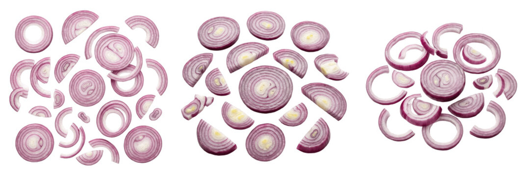 Set and collection of pile of sliced red onion rings isolated on white background