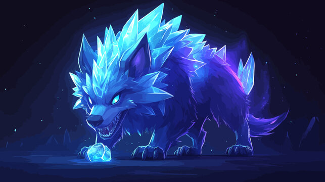 Glowing blue crystalline wolf with icy features under starry night