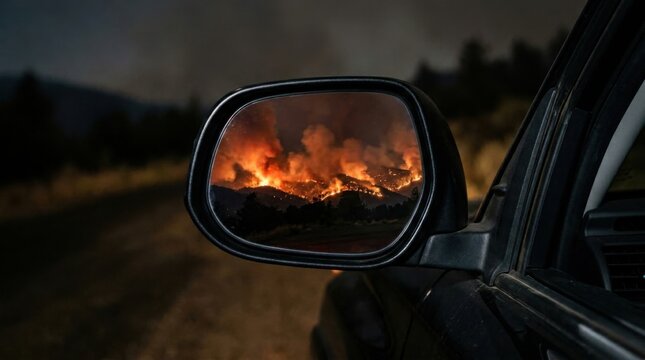 Fiery Reflection - A Cars Side Mirror Captures a Burning Wildfire at Night.