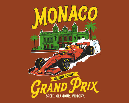 Monaco Grand Prix, red racing car illustration, casino monte carlo, vintage motorsport poster, retro racing design, speed glamour