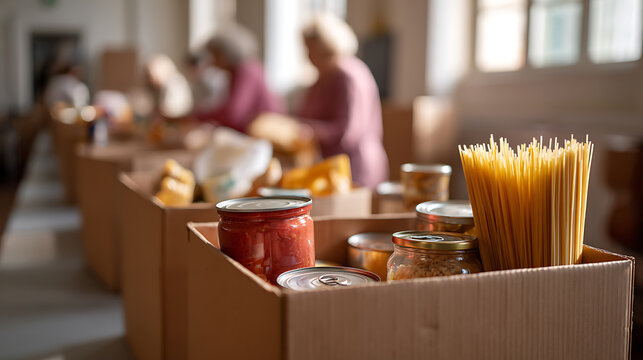 Unpacked boxes full of staples, canned goods, and dry food items at a food bank, with volunteers in the background sort donations