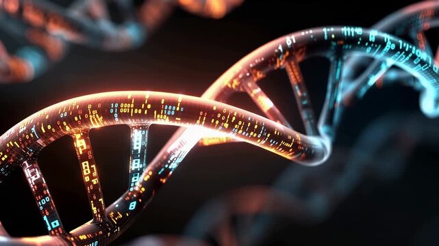 This shows the detailed structure of DNA with bright colors presenting the genetic code in a laboratory environment.