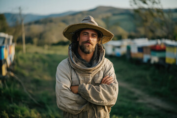Fototapeta premium Confident male beekeeper wearing protective suit and straw hat standing near colorful beehives in rural landscape
