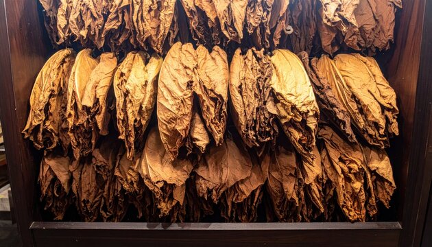 Abundant bundles of dried tobacco leaves undergoing the curing process, displaying rich brown and earthy textures