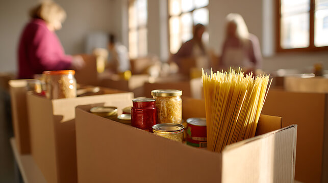 Heartwarming food drive preparation: community volunteers pack donation boxes with non-perishable goods, focus on support and assistance during distribution